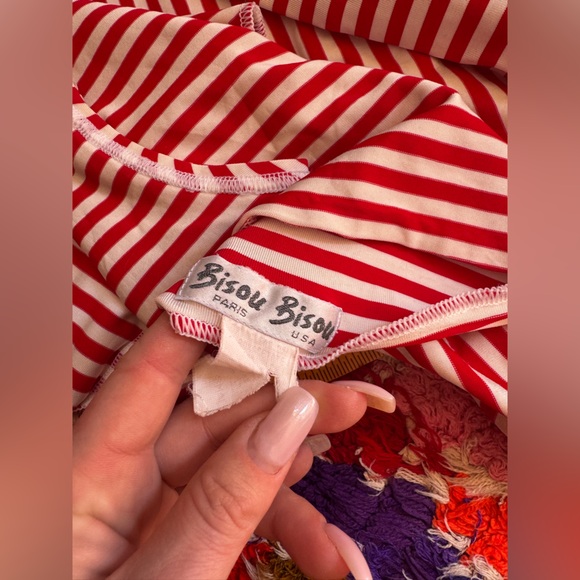 90s Vintage Bisou Bisou Red & White Horizontal Stripe Body Con Dress - Picture 5 of 12